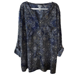 Catherines 4X Dressy Blue & Tan Diamond Pattern Blouse V Neck 2 Pockets Slits